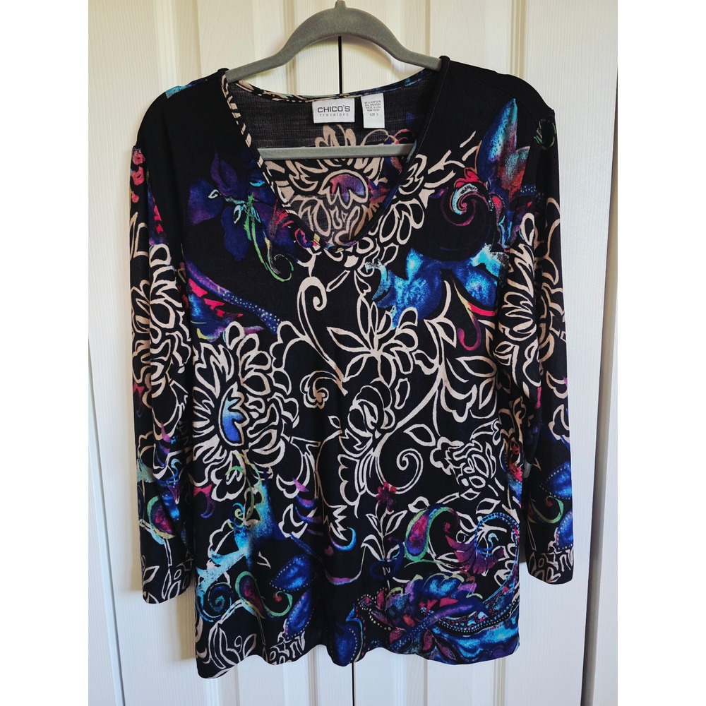Chico's Travelers 3 Floral Print Long Sleeve V Neck Top Womens Size XL No Iron - Picture 3 of 6